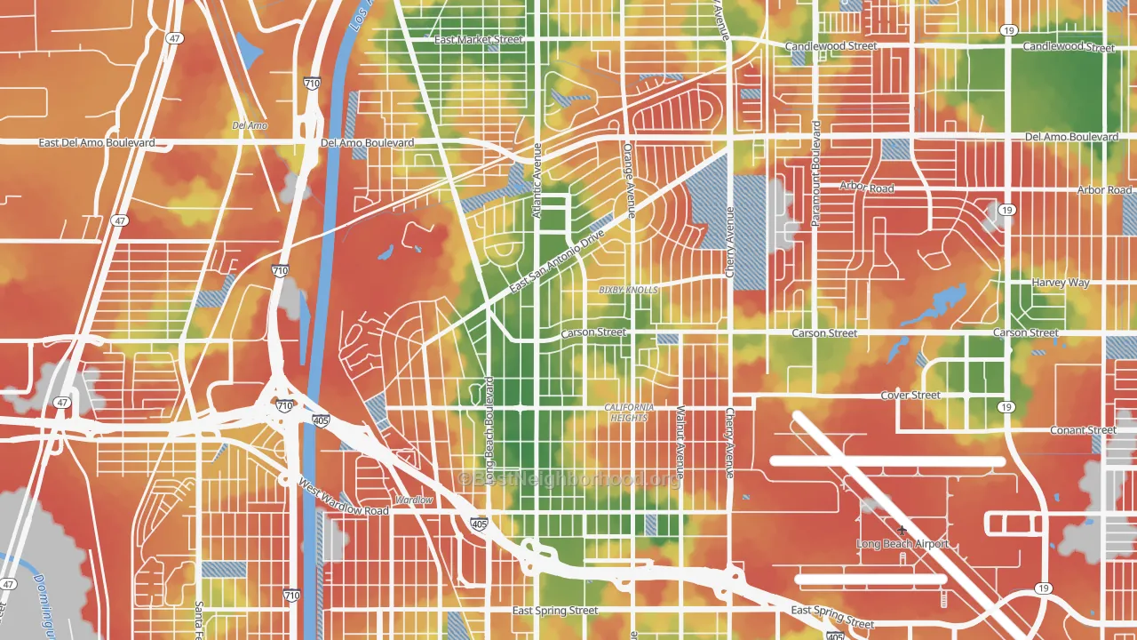 Walk Grade map of Bixby Knolls, Long Beach, CA, walkable areas in green and car-dependent areas in red