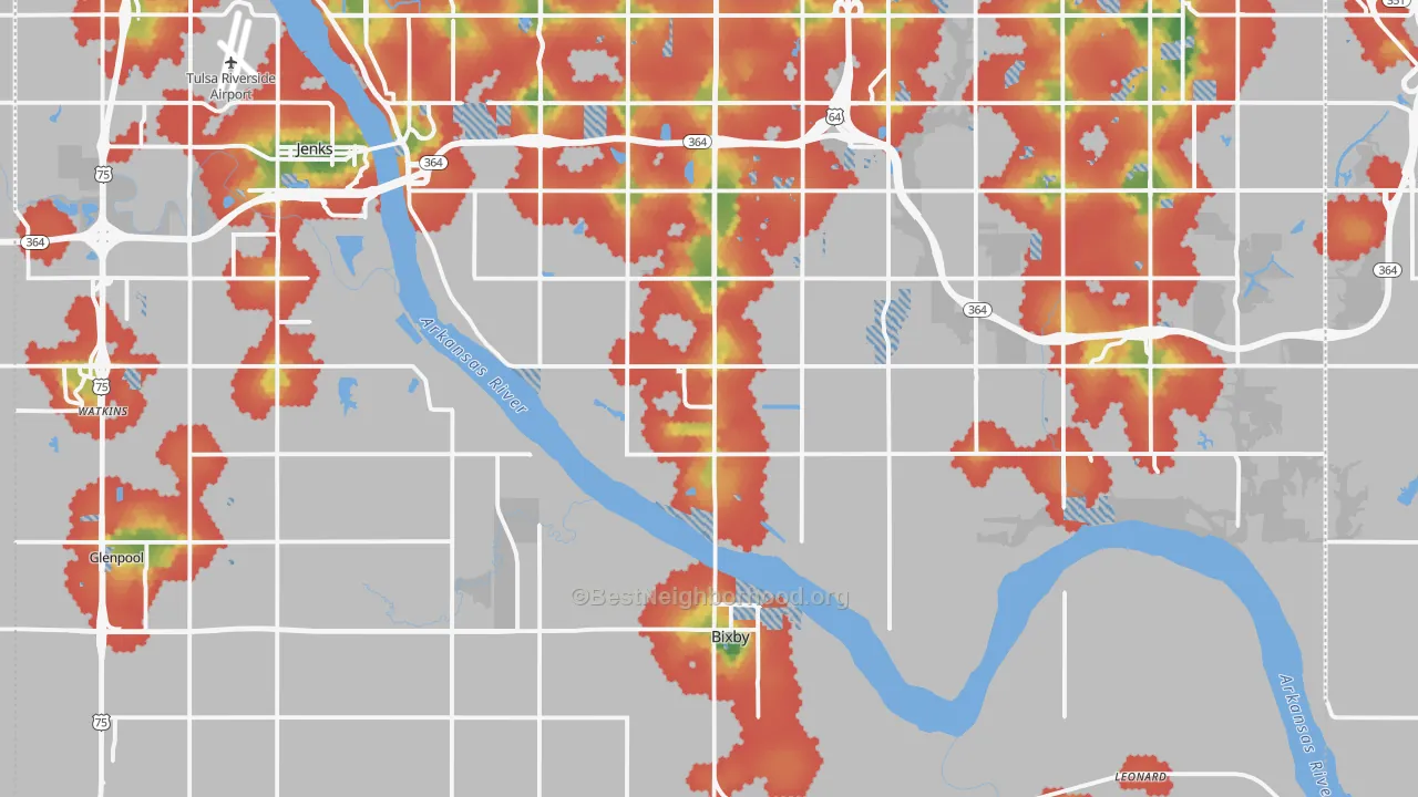 Walk Grade map of Bixby, OK, walkable areas in green and car-dependent areas in red