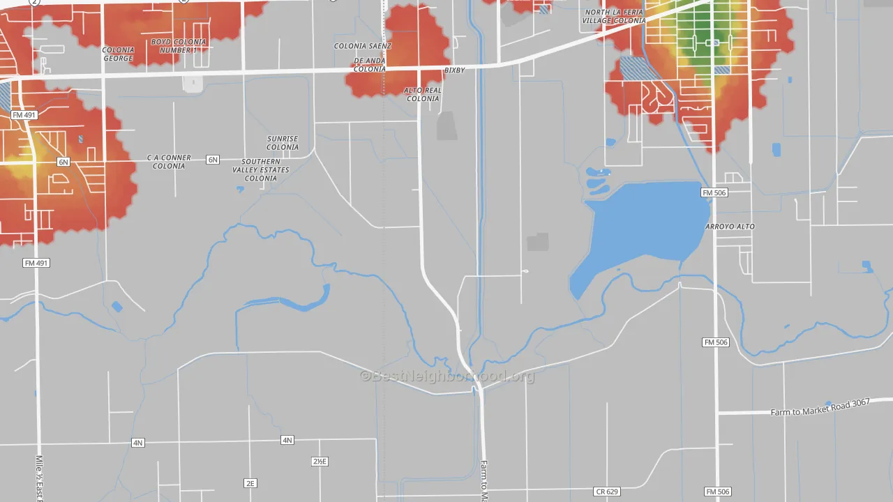 Walk Grade map of Bixby, TX, walkable areas in green and car-dependent areas in red