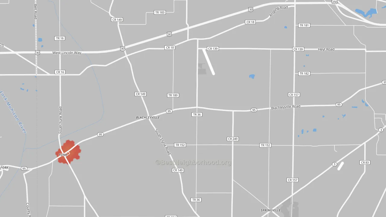 Walk Grade map of Blachleyville, OH, walkable areas in green and car-dependent areas in red