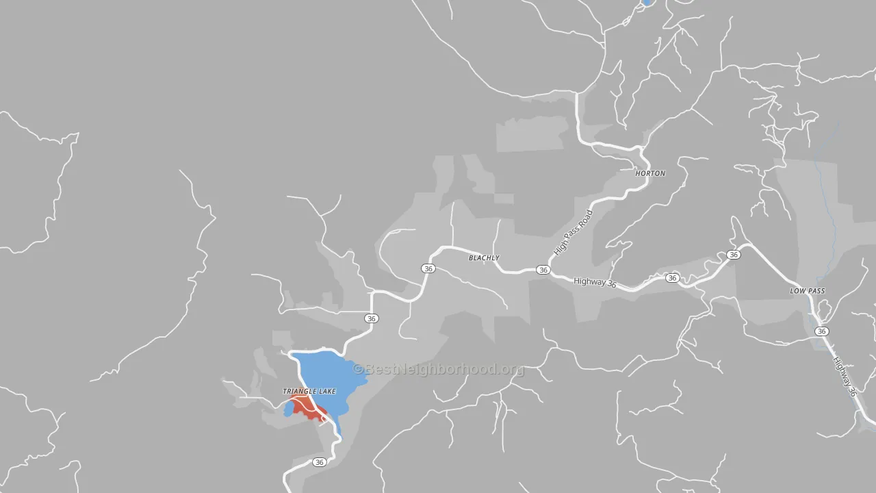 Walk Grade map of Blachly, OR, walkable areas in green and car-dependent areas in red