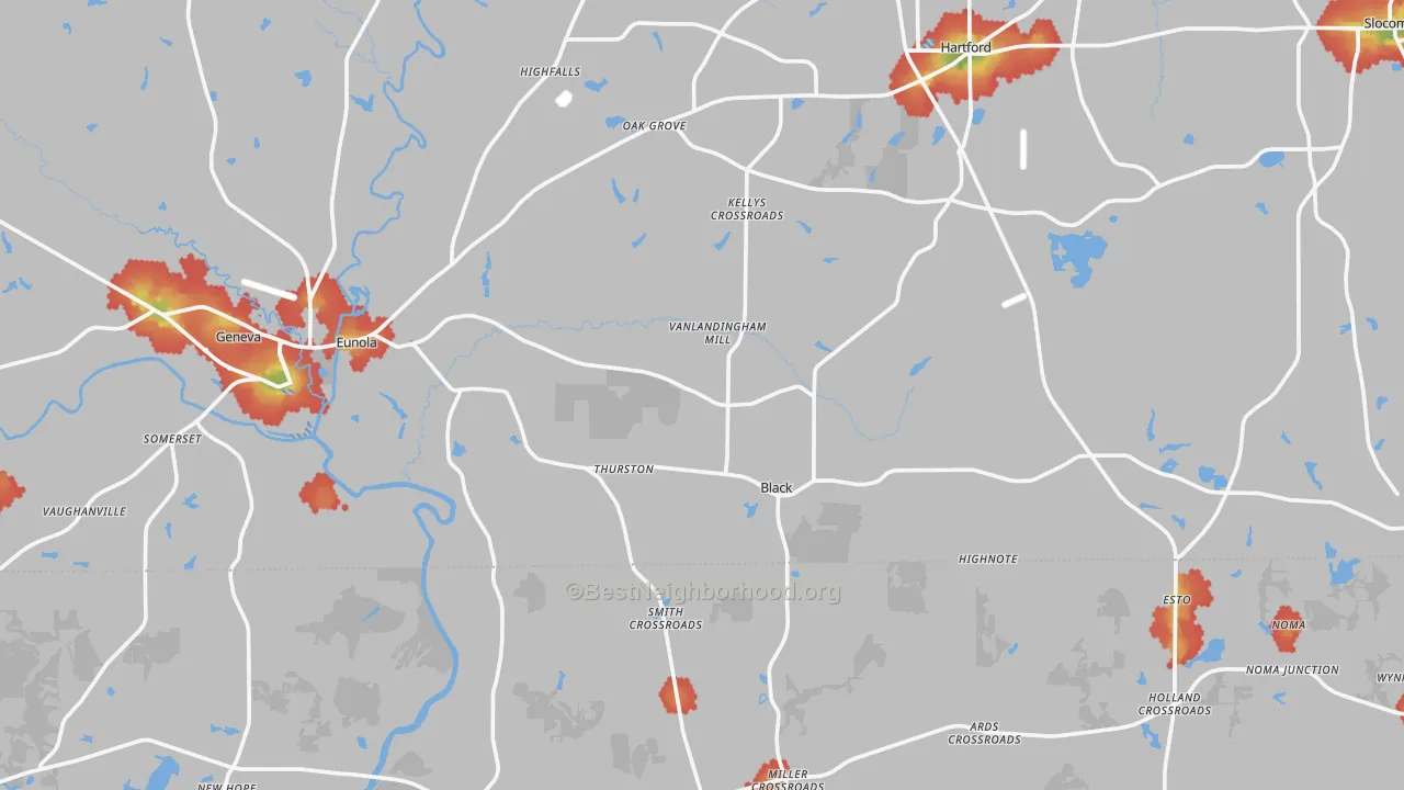 Walk Grade map of Black, AL, walkable areas in green and car-dependent areas in red