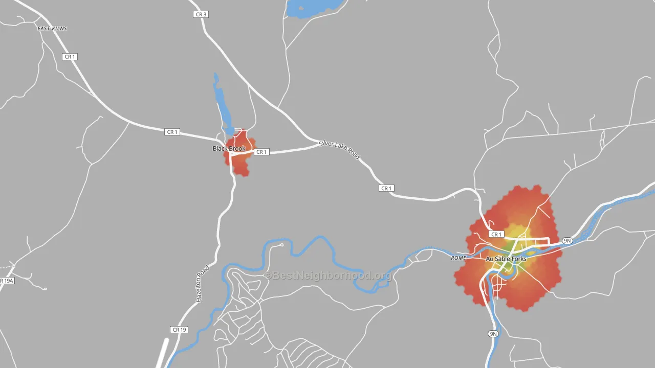 Walk Grade map of Black Brook, NY, walkable areas in green and car-dependent areas in red