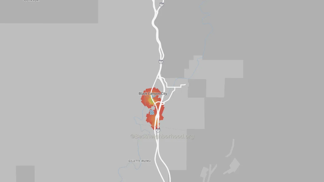 Walk Grade map of Black Canyon City, AZ, walkable areas in green and car-dependent areas in red
