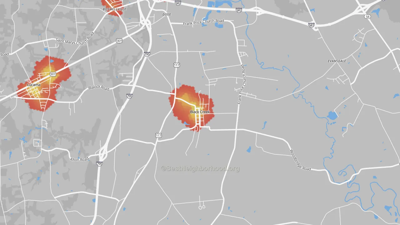 Walk Grade map of Black Creek, NC, walkable areas in green and car-dependent areas in red