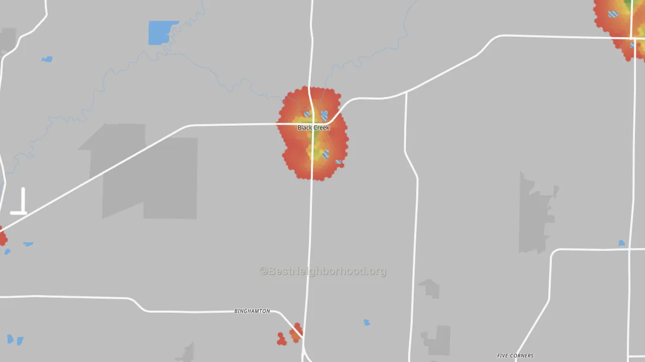 Walk Grade map of Black Creek, WI, walkable areas in green and car-dependent areas in red