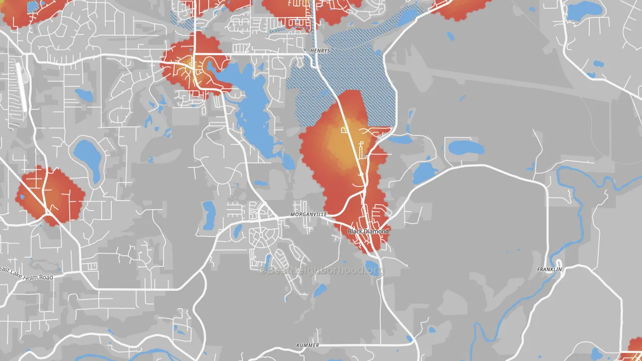 Walk Grade map of Black Diamond, WA, walkable areas in green and car-dependent areas in red