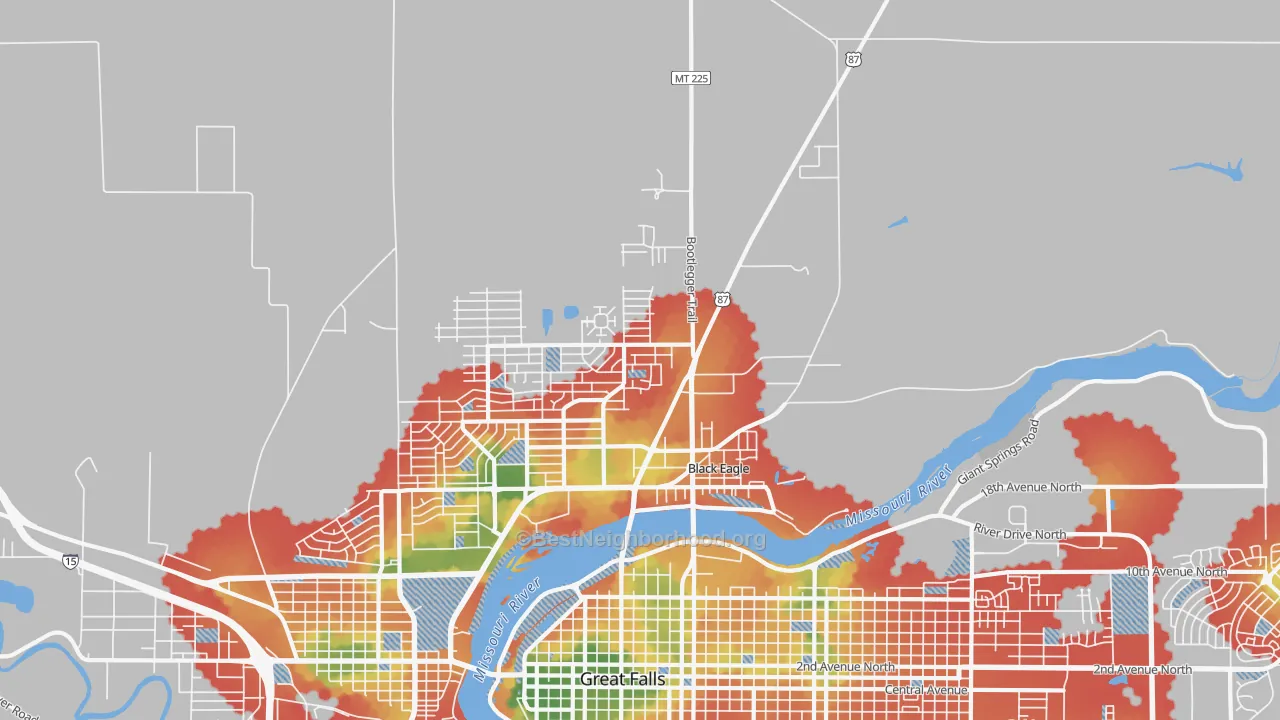 Walk Grade map of Black Eagle, MT, walkable areas in green and car-dependent areas in red