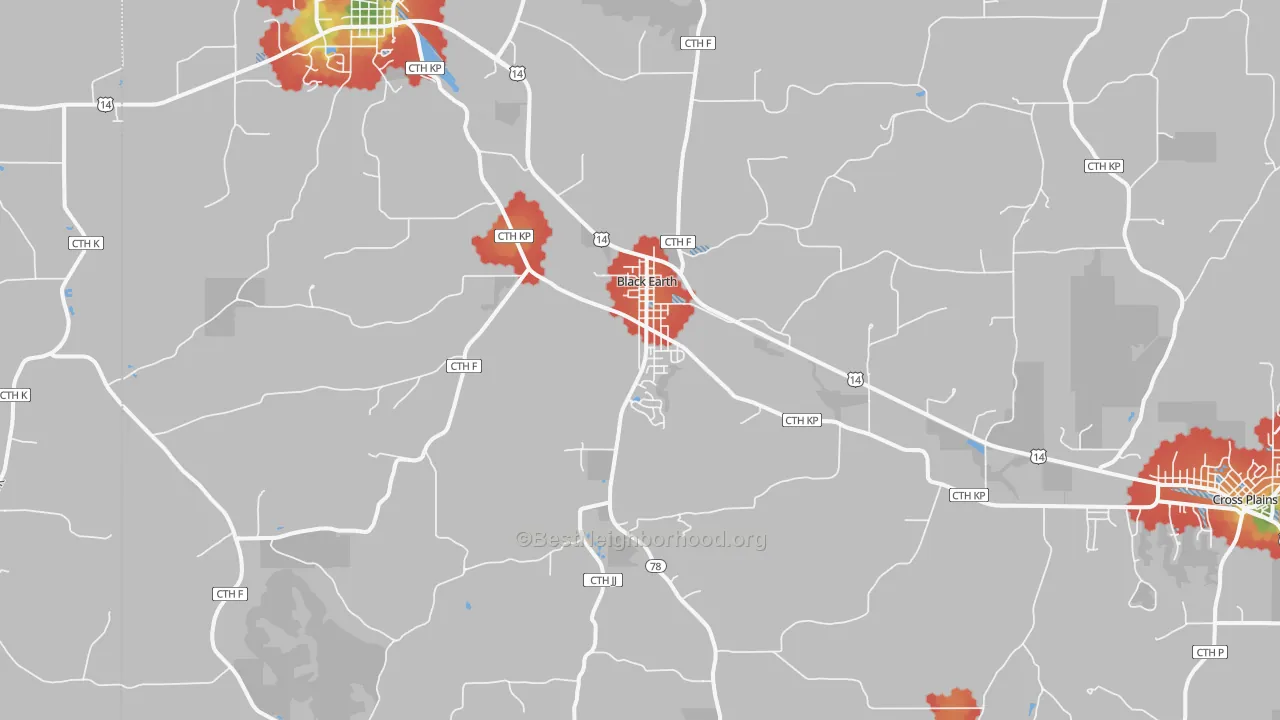 Walk Grade map of Black Earth, WI, walkable areas in green and car-dependent areas in red