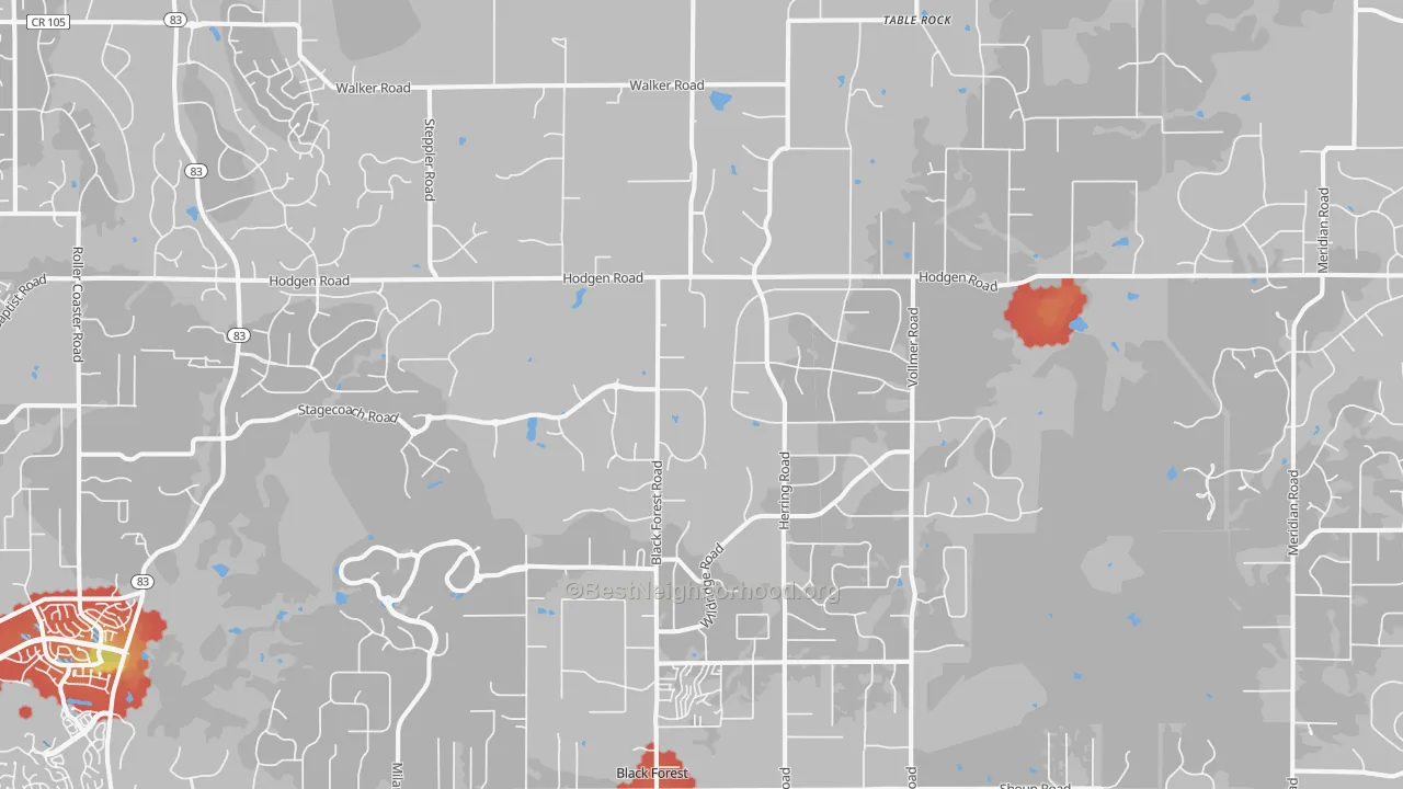 Walk Grade map of Black Forest, CO, walkable areas in green and car-dependent areas in red