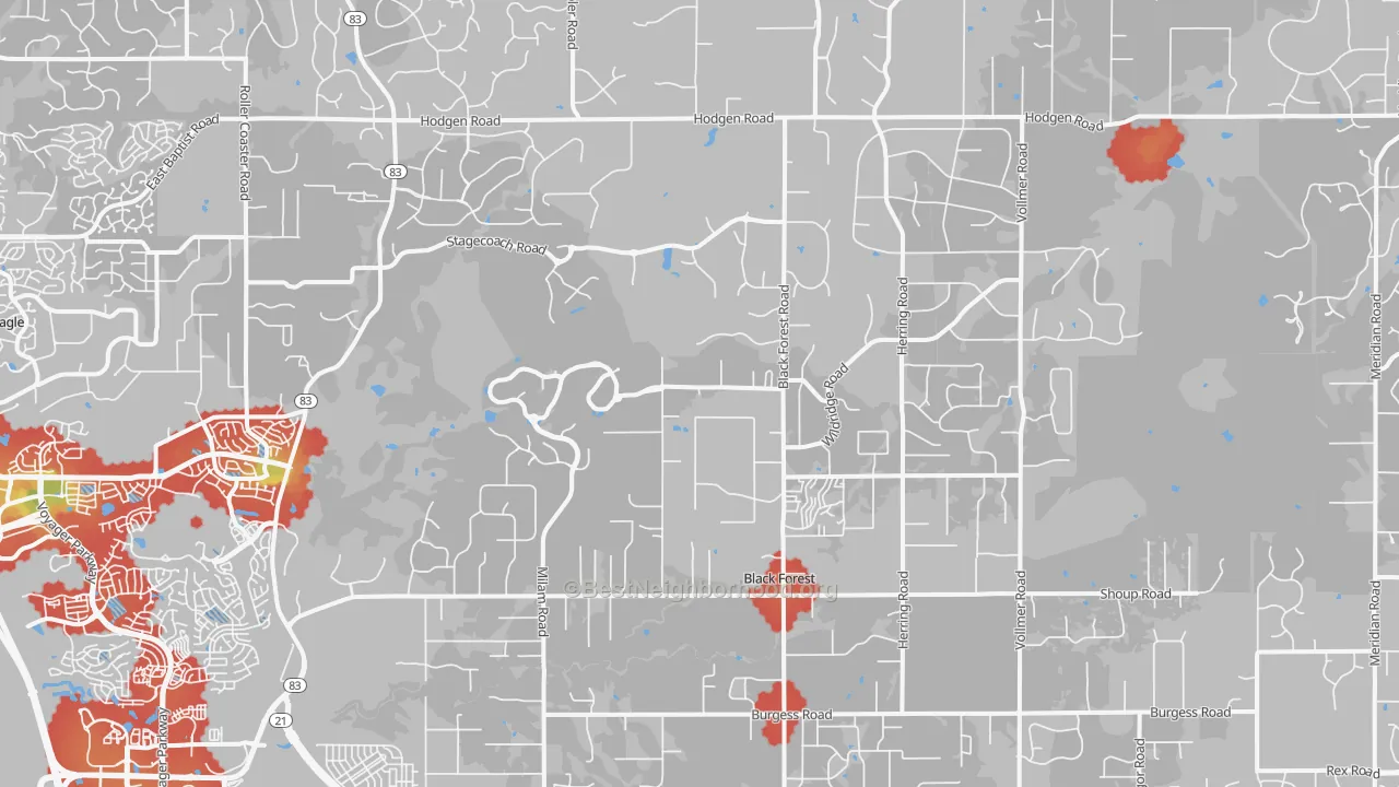 Walk Grade map of Black Forest, Colorado Springs, CO, walkable areas in green and car-dependent areas in red