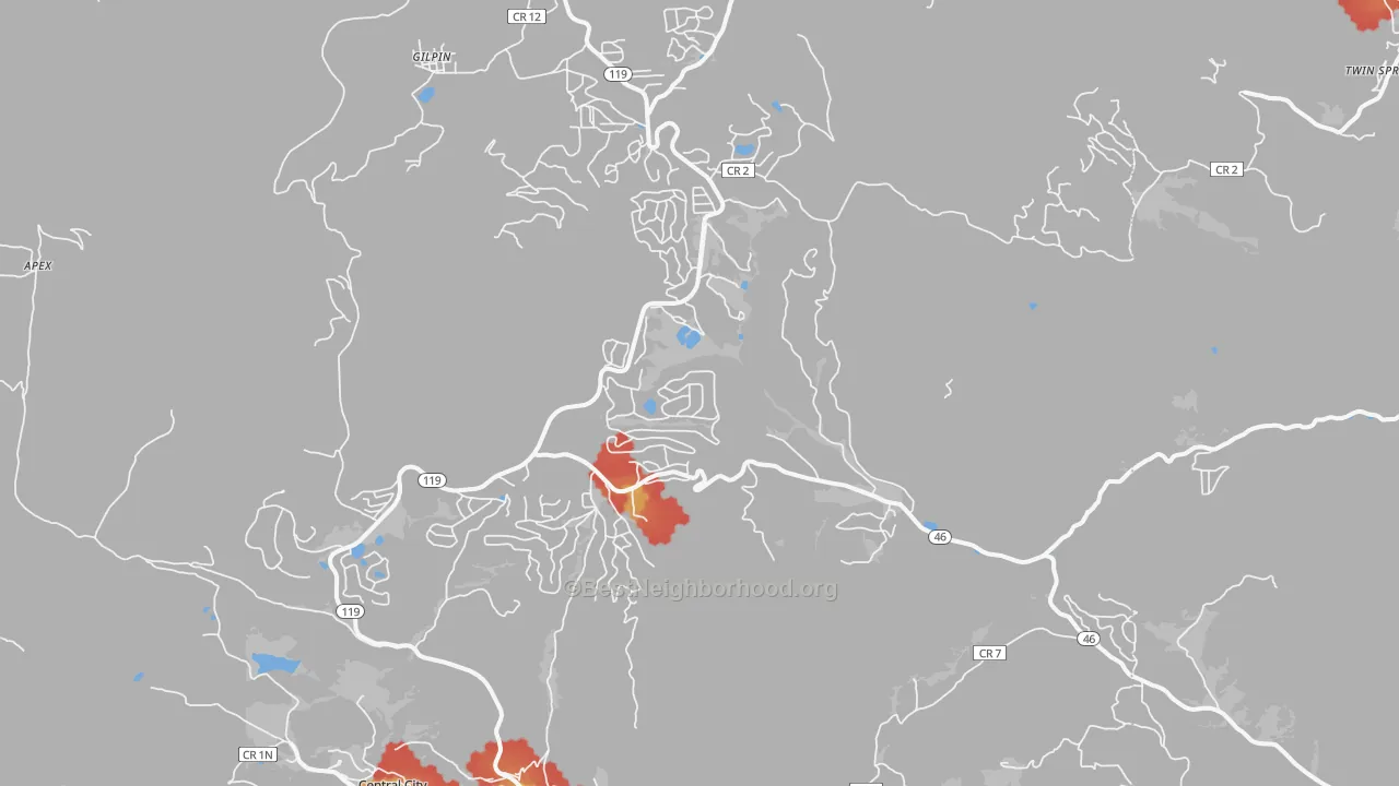 Walk Grade map of Black Hawk, CO, walkable areas in green and car-dependent areas in red