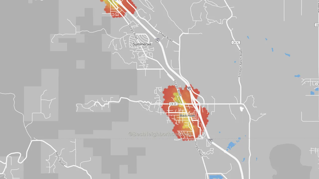 Walk Grade map of Black Hawk, SD, walkable areas in green and car-dependent areas in red