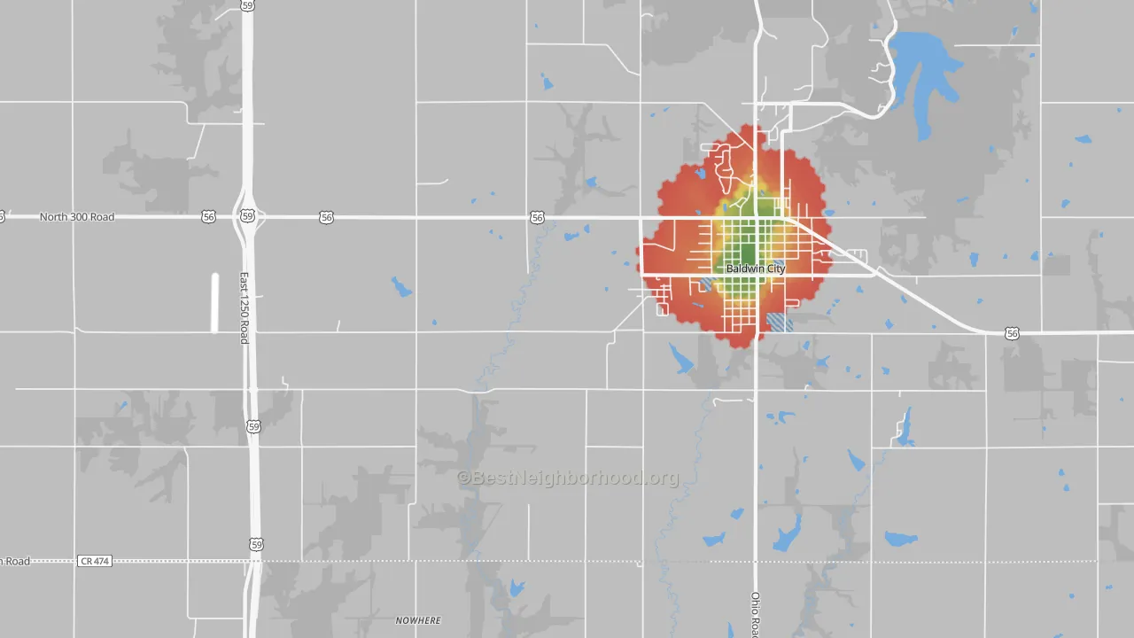 Walk Grade map of Black Jack, KS, walkable areas in green and car-dependent areas in red