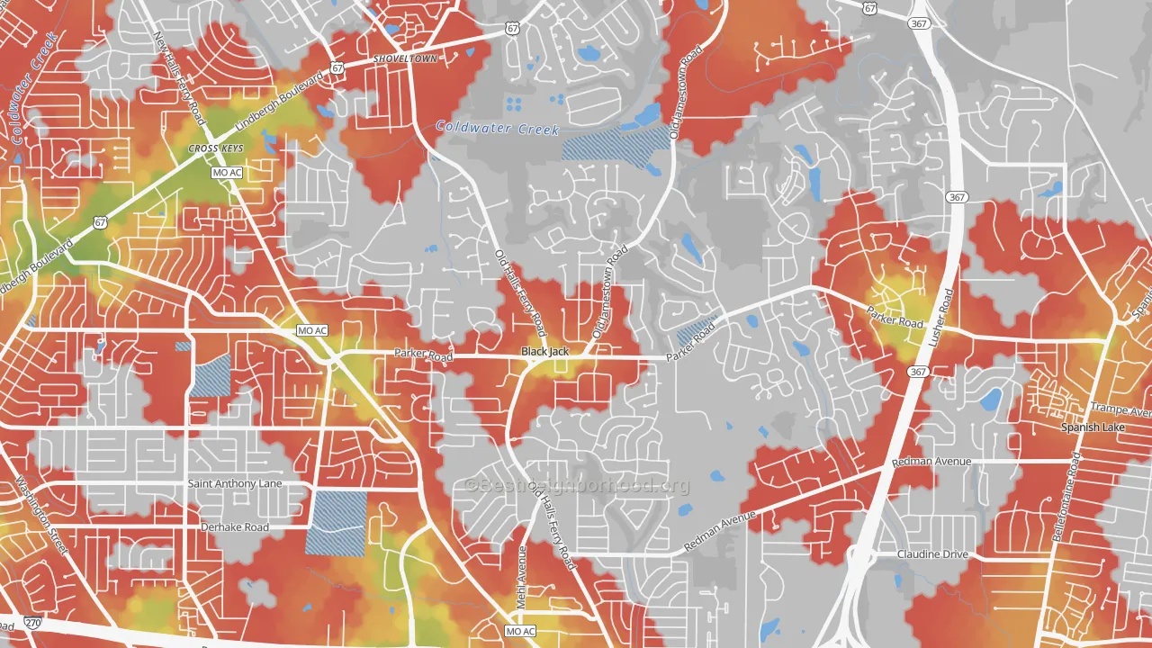 Walk Grade map of Black Jack, MO, walkable areas in green and car-dependent areas in red