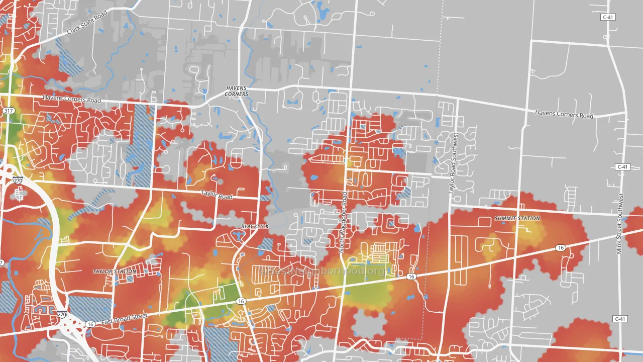 Walk Grade map of Black Lick, OH, walkable areas in green and car-dependent areas in red