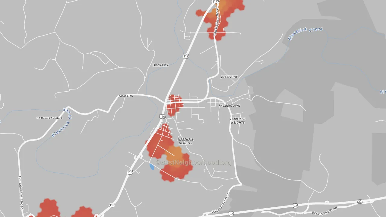Walk Grade map of Black Lick, PA, walkable areas in green and car-dependent areas in red
