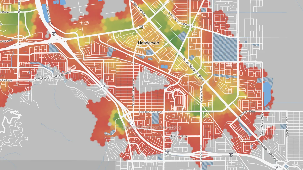 Walk Grade map of Black Mountain, Henderson, NV, walkable areas in green and car-dependent areas in red