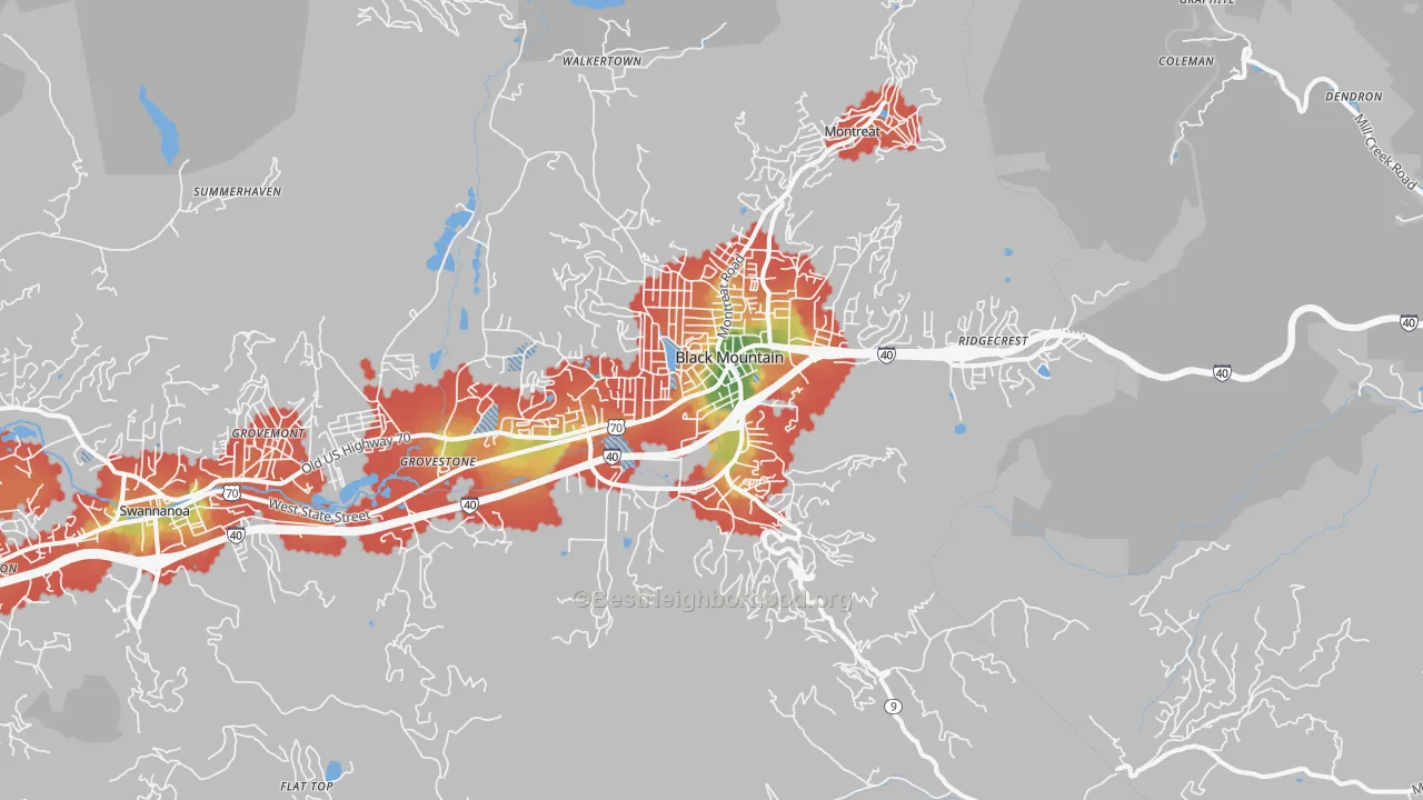 Walk Grade map of Black Mountain, NC, walkable areas in green and car-dependent areas in red