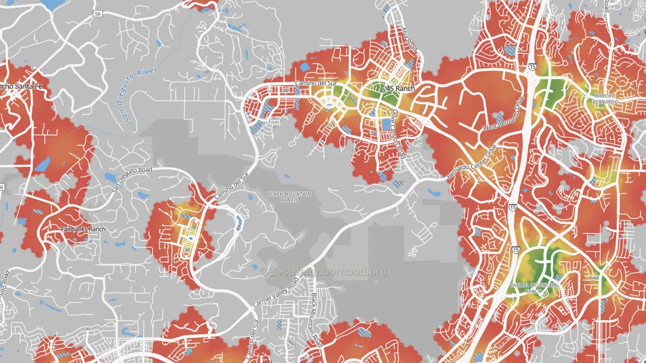 Walk Grade map of Black Mountain Ranch, San Diego, CA, walkable areas in green and car-dependent areas in red