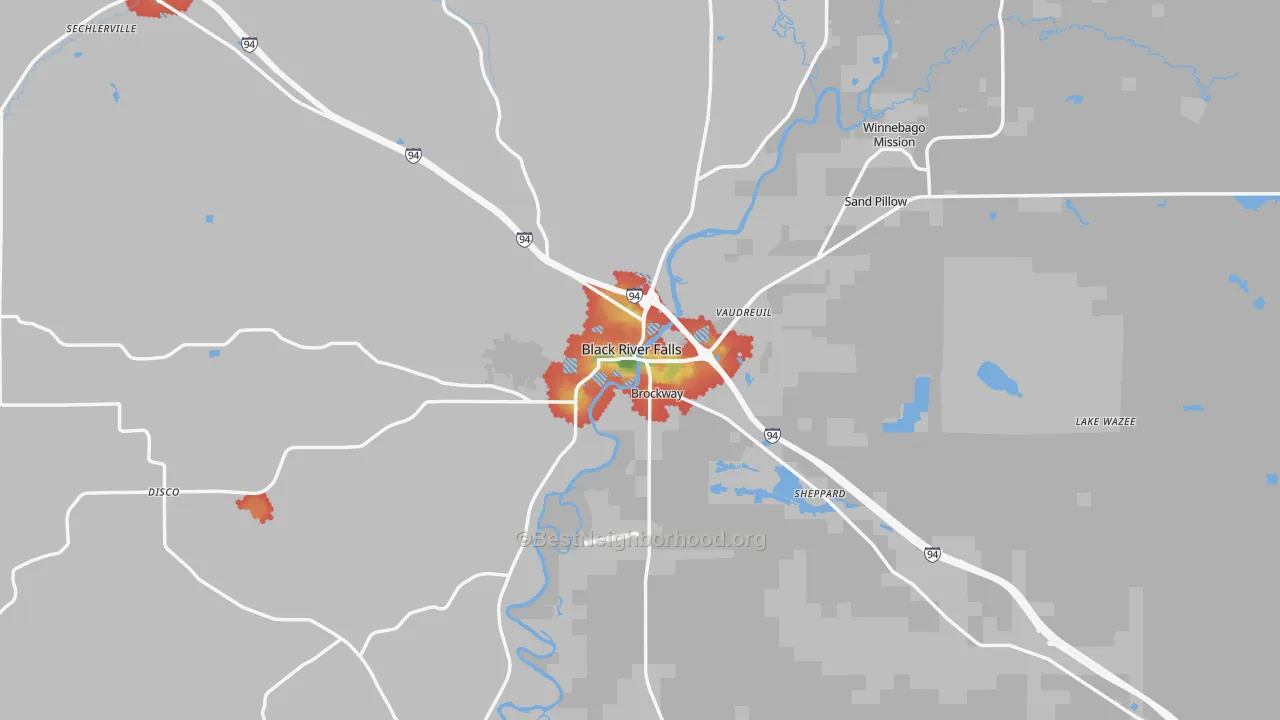 Walk Grade map of Black River Falls, WI, walkable areas in green and car-dependent areas in red