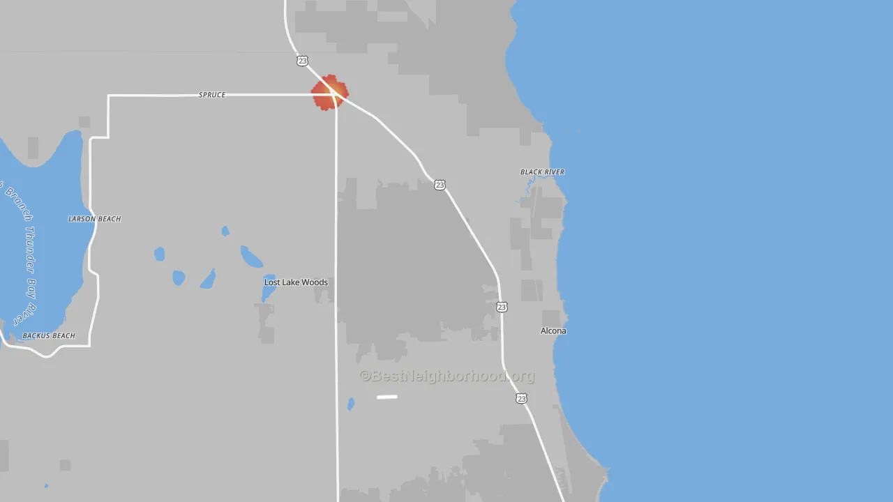 Walk Grade map of Black River, MI, walkable areas in green and car-dependent areas in red