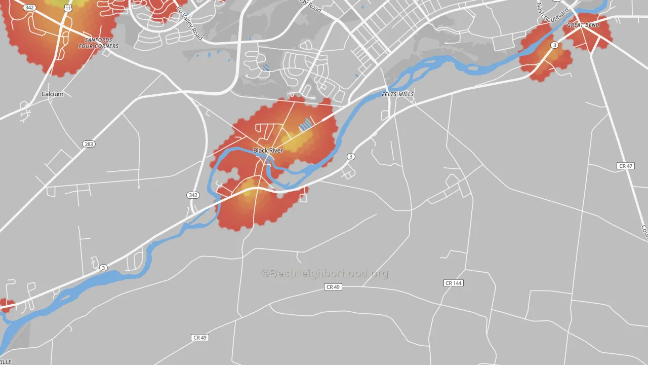 Walk Grade map of Black River, NY, walkable areas in green and car-dependent areas in red