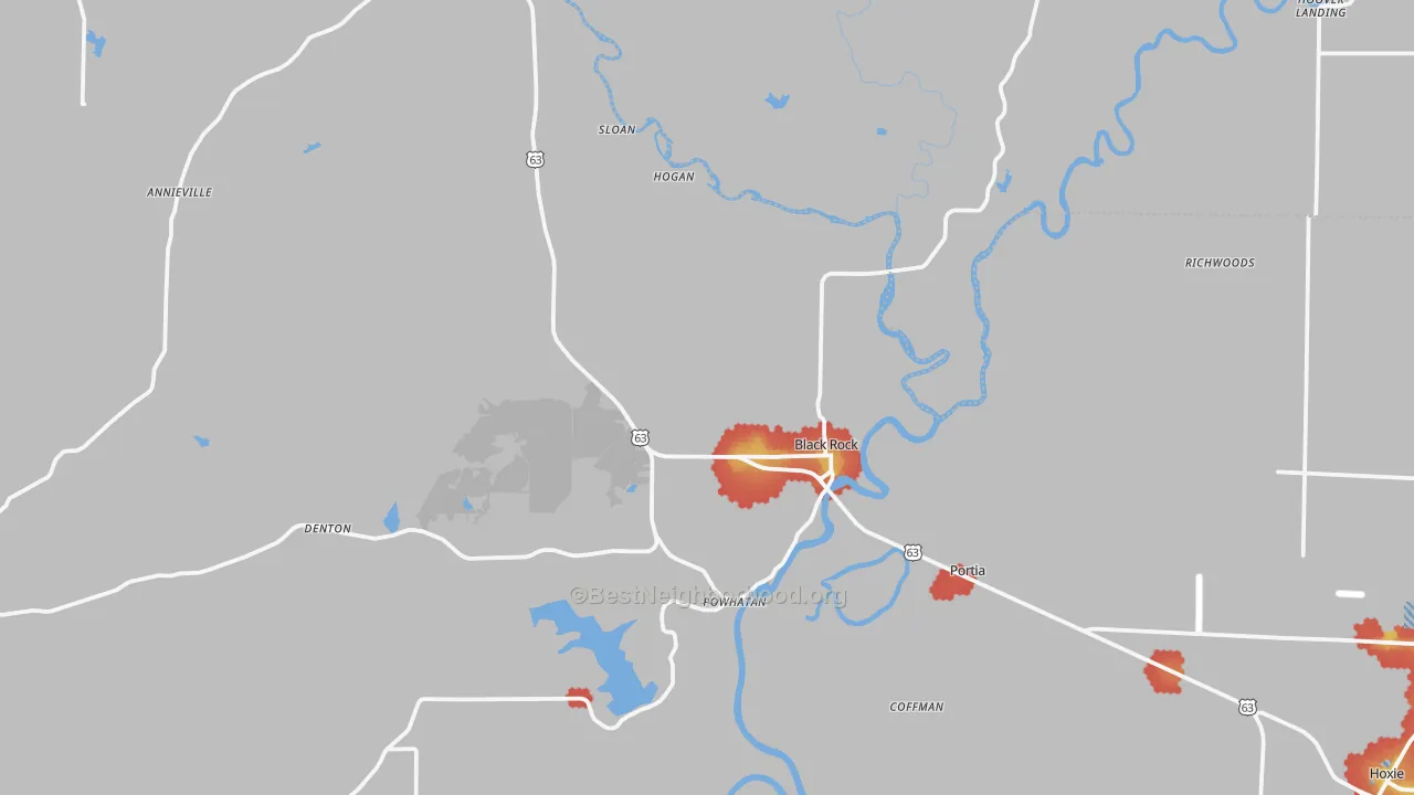 Walk Grade map of Black Rock, AR, walkable areas in green and car-dependent areas in red
