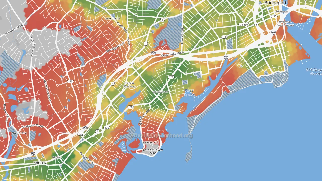 Walk Grade map of Black Rock, Bridgeport, CT, walkable areas in green and car-dependent areas in red