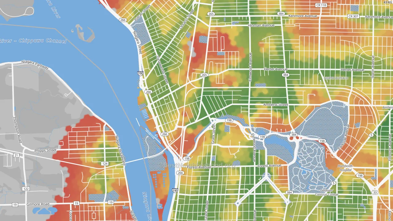 Walk Grade map of Black Rock, Buffalo, NY, walkable areas in green and car-dependent areas in red