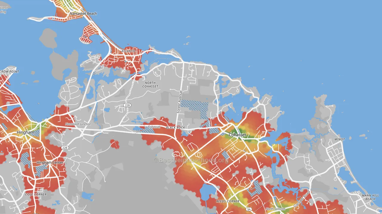 Walk Grade map of Black Rock, MA, walkable areas in green and car-dependent areas in red