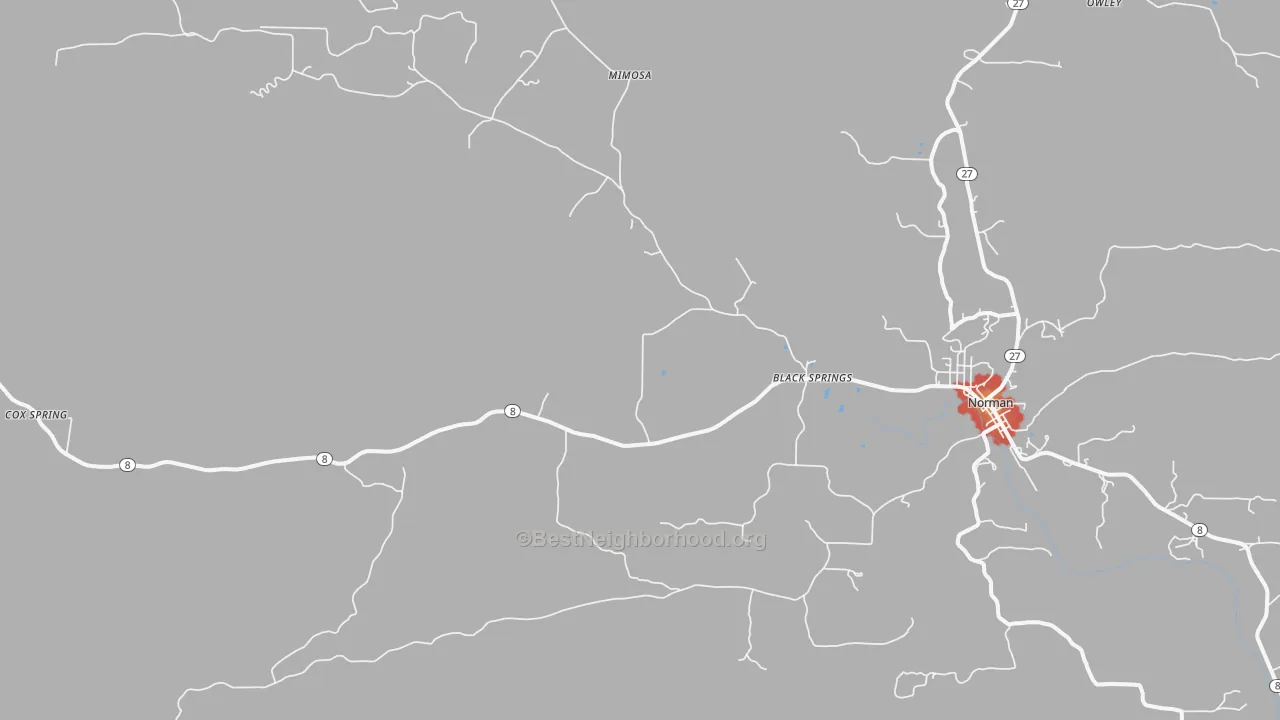 Walk Grade map of Black Springs, AR, walkable areas in green and car-dependent areas in red
