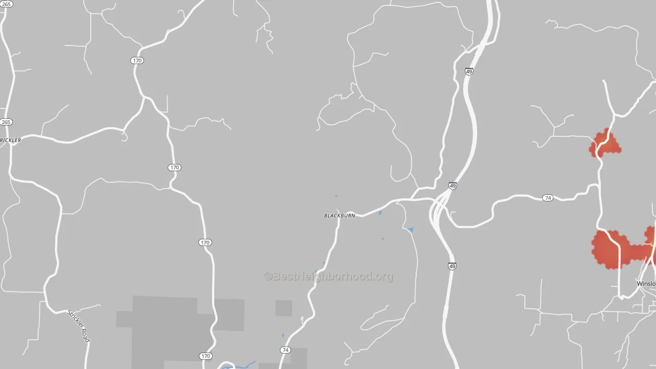 Walk Grade map of Blackburn, AR, walkable areas in green and car-dependent areas in red