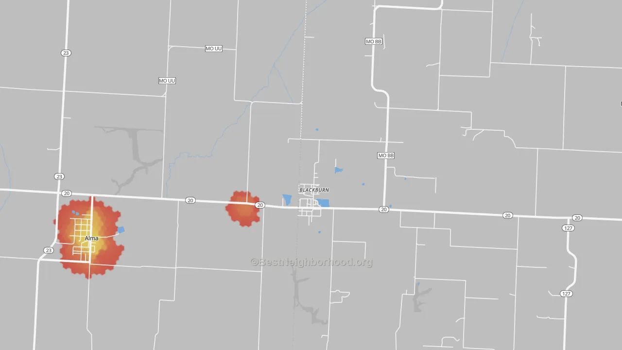 Walk Grade map of Blackburn, MO, walkable areas in green and car-dependent areas in red