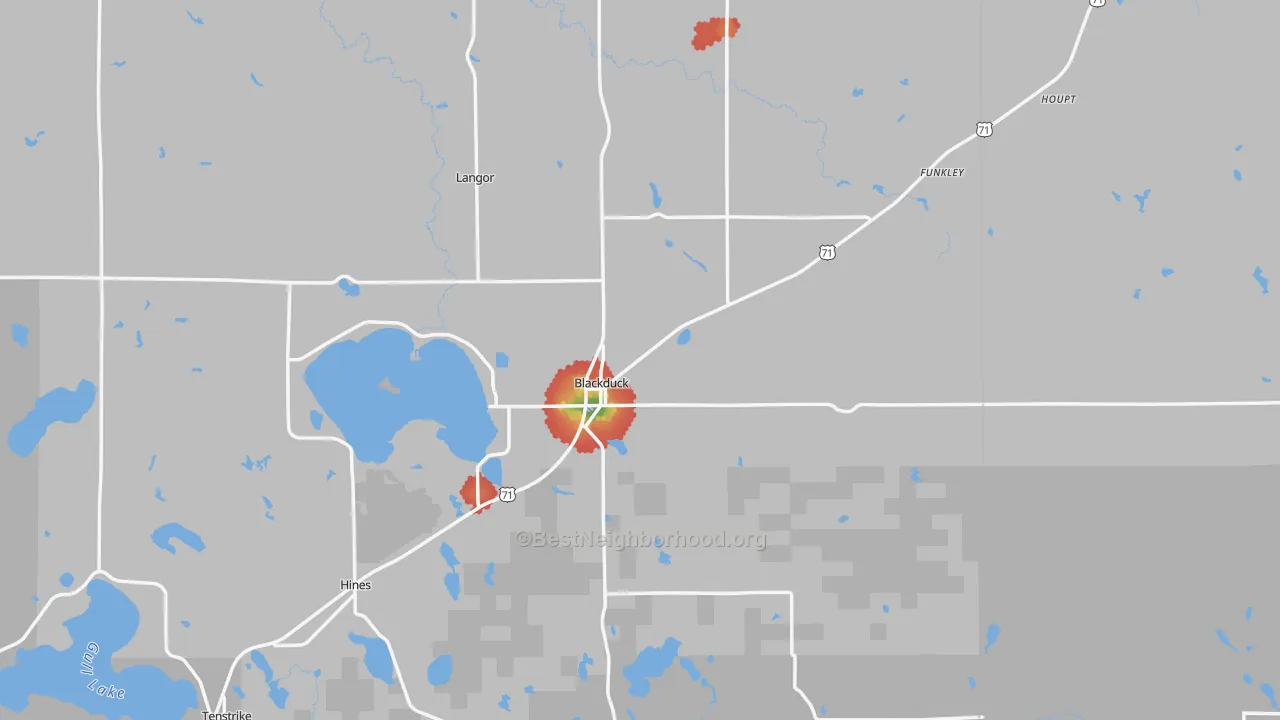 Walk Grade map of Blackduck, MN, walkable areas in green and car-dependent areas in red