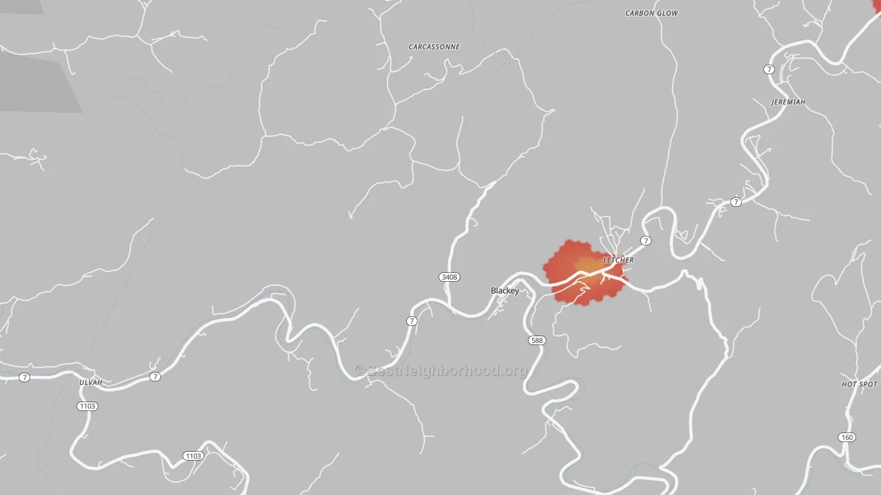 Walk Grade map of Blackey, KY, walkable areas in green and car-dependent areas in red