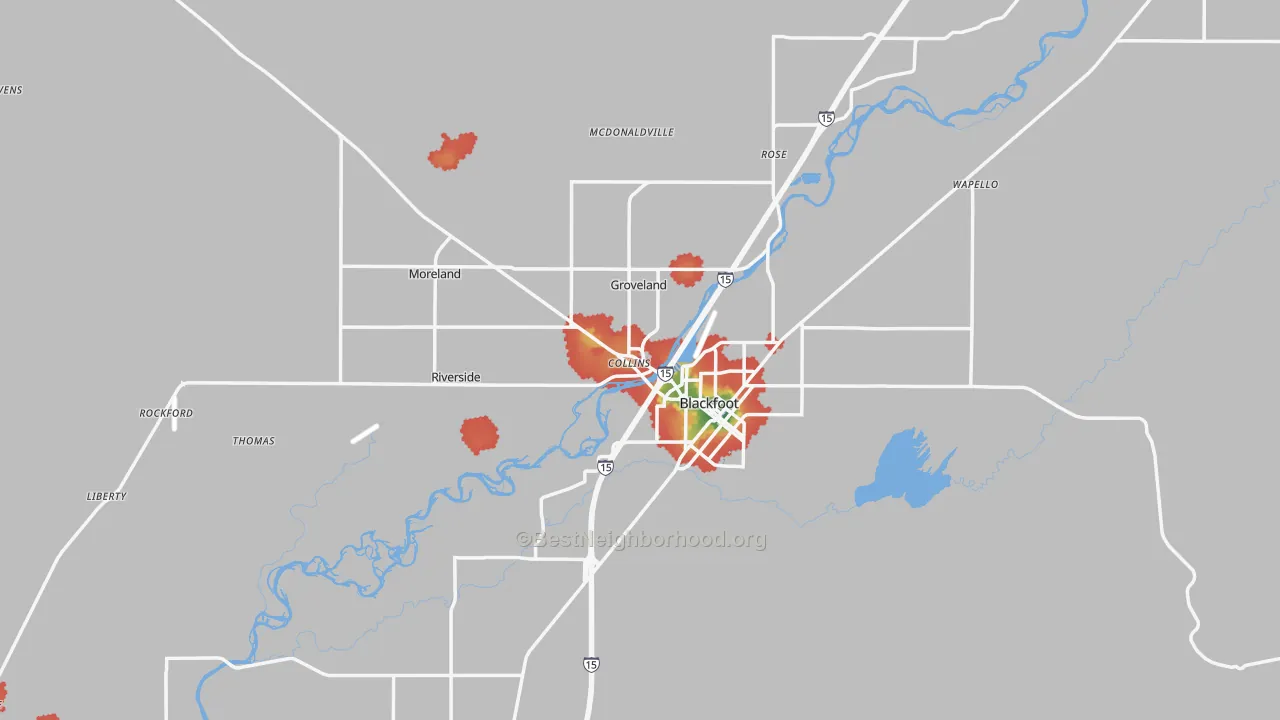 Walk Grade map of Blackfoot, ID, walkable areas in green and car-dependent areas in red