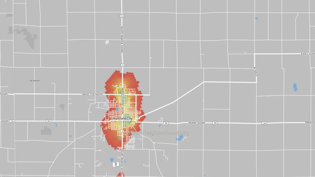 Walk Grade map of Blackford County, IN, walkable areas in green and car-dependent areas in red