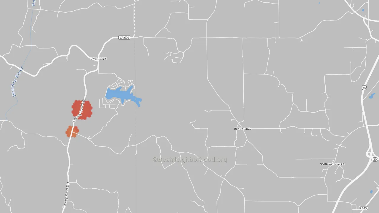 Walk Grade map of Blackland, MS, walkable areas in green and car-dependent areas in red