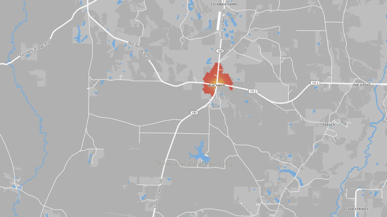 Walk Grade map of Blackman, FL, walkable areas in green and car-dependent areas in red