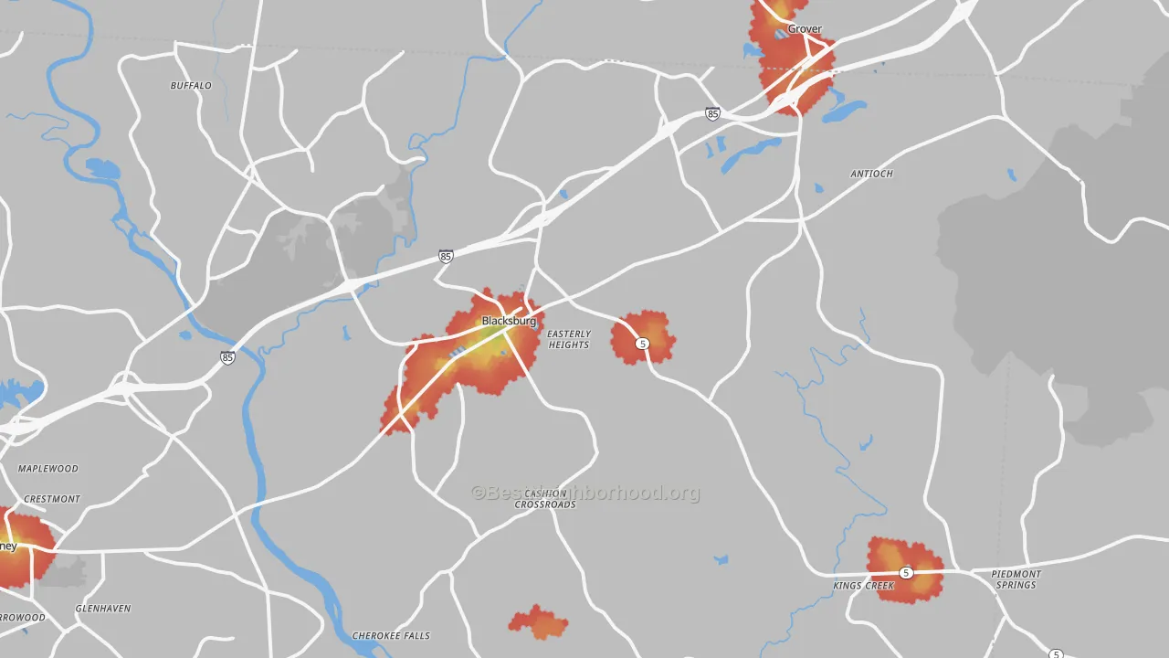 Walk Grade map of Blacksburg, SC, walkable areas in green and car-dependent areas in red