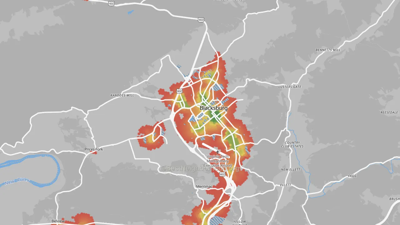 Walk Grade map of Blacksburg, VA, walkable areas in green and car-dependent areas in red
