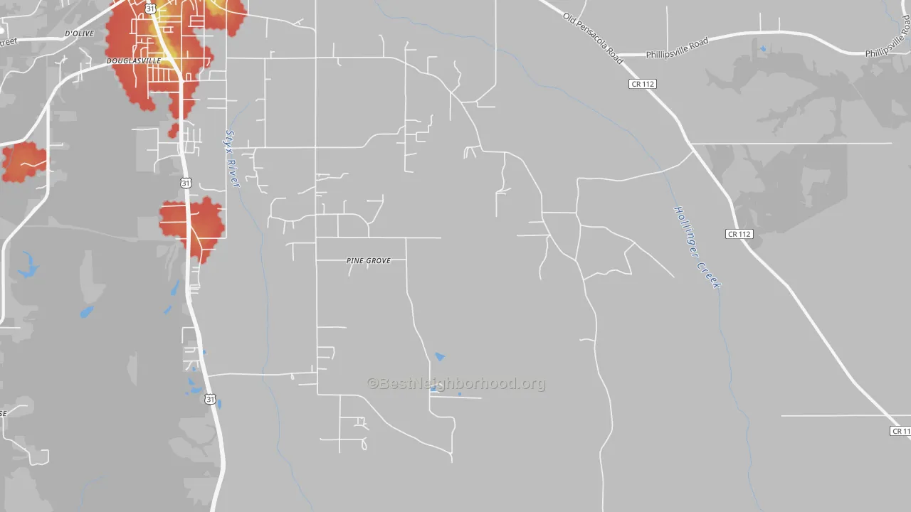 Walk Grade map of Blacksher, AL, walkable areas in green and car-dependent areas in red