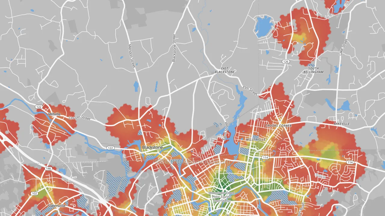 Walk Grade map of Blackstone, MA, walkable areas in green and car-dependent areas in red