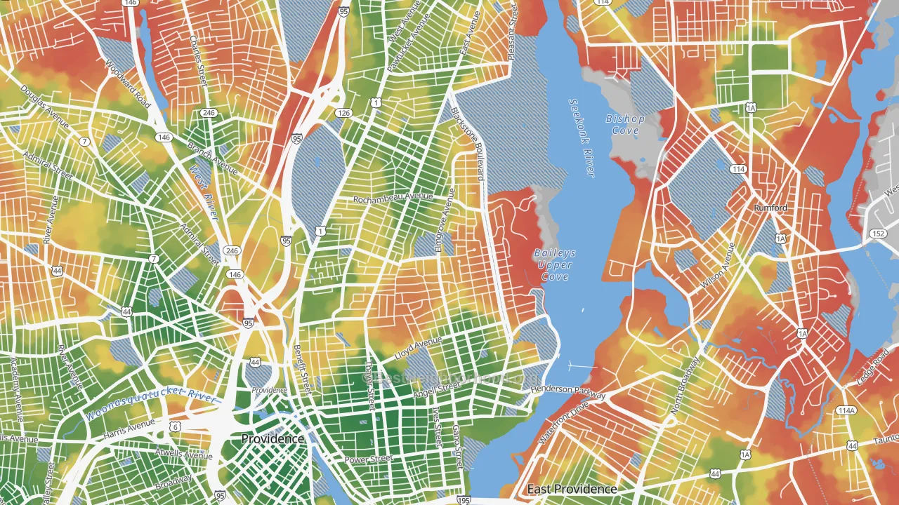 Walk Grade map of Blackstone, Providence, RI, walkable areas in green and car-dependent areas in red