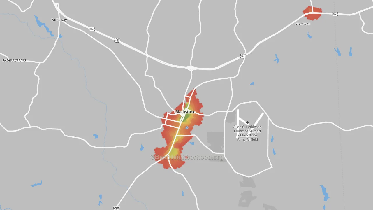 Walk Grade map of Blackstone, VA, walkable areas in green and car-dependent areas in red