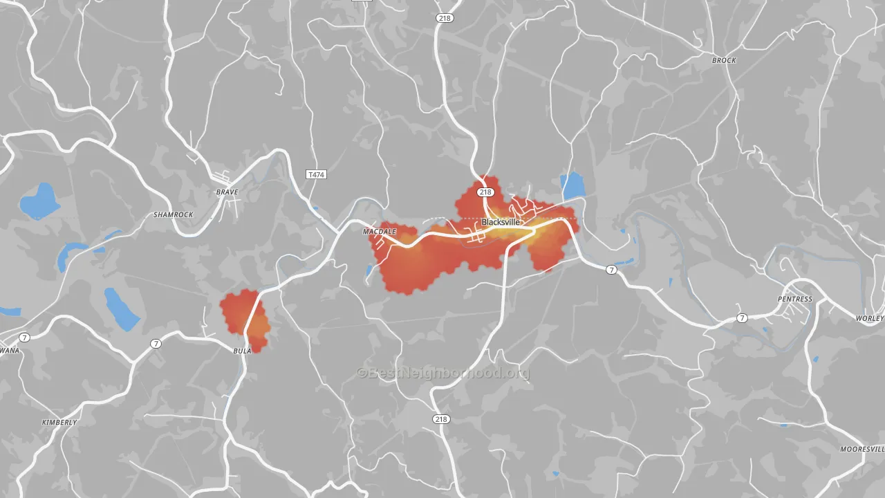 Walk Grade map of Blacksville, WV, walkable areas in green and car-dependent areas in red