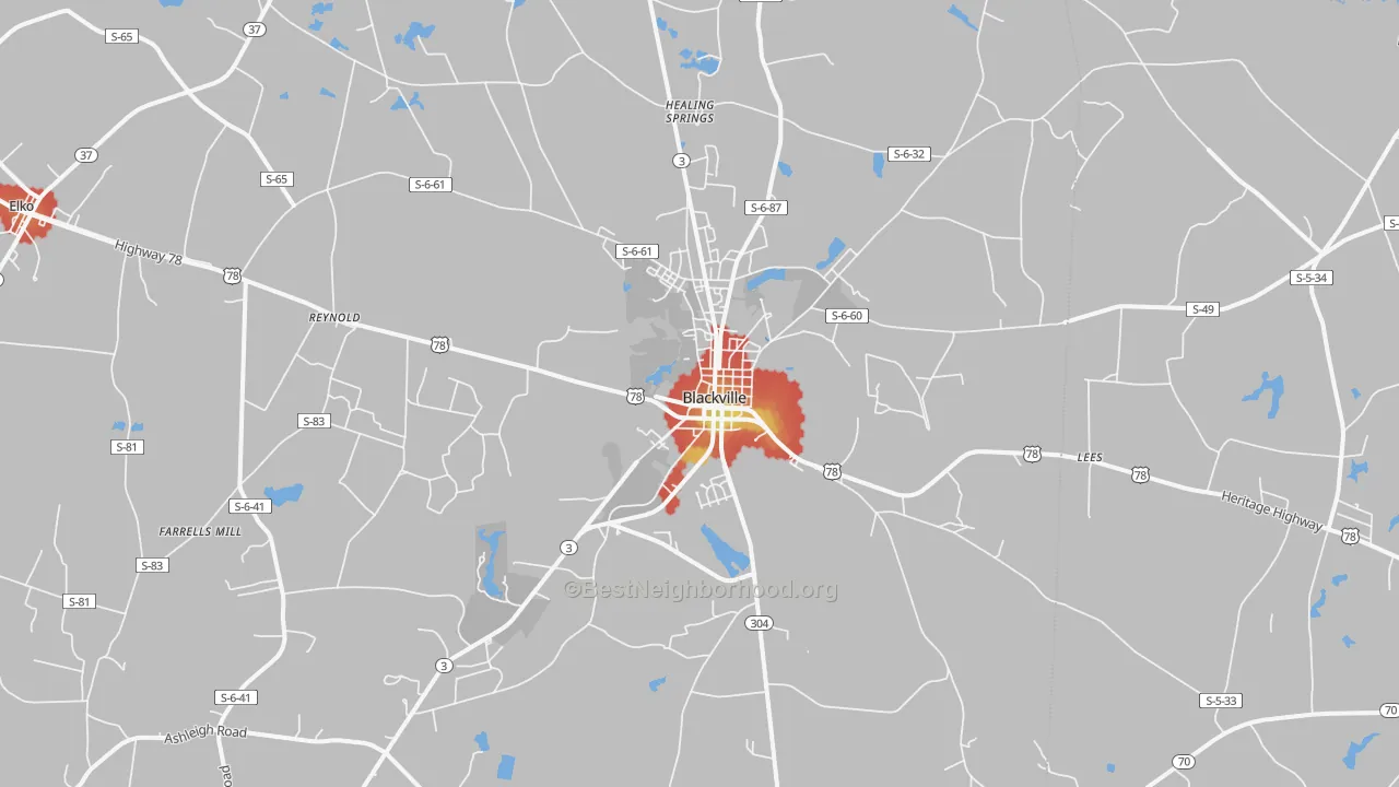 Walk Grade map of Blackville, SC, walkable areas in green and car-dependent areas in red