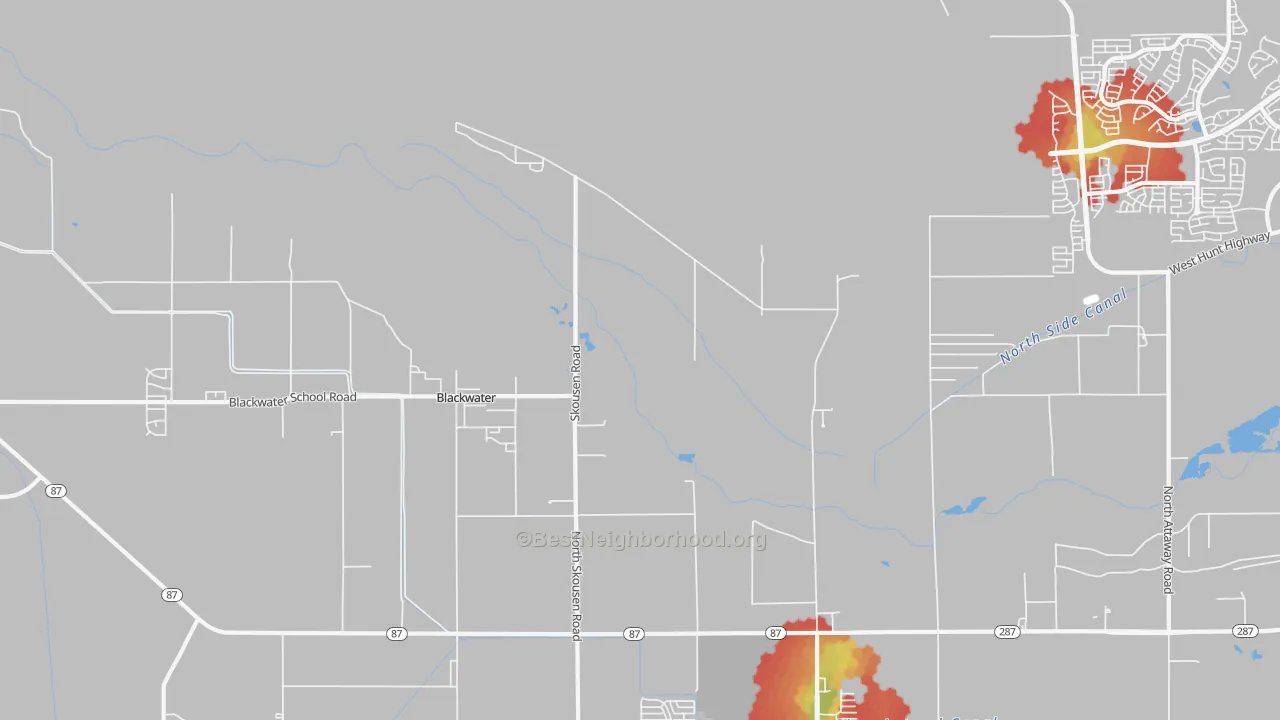 Walk Grade map of Blackwater, AZ, walkable areas in green and car-dependent areas in red