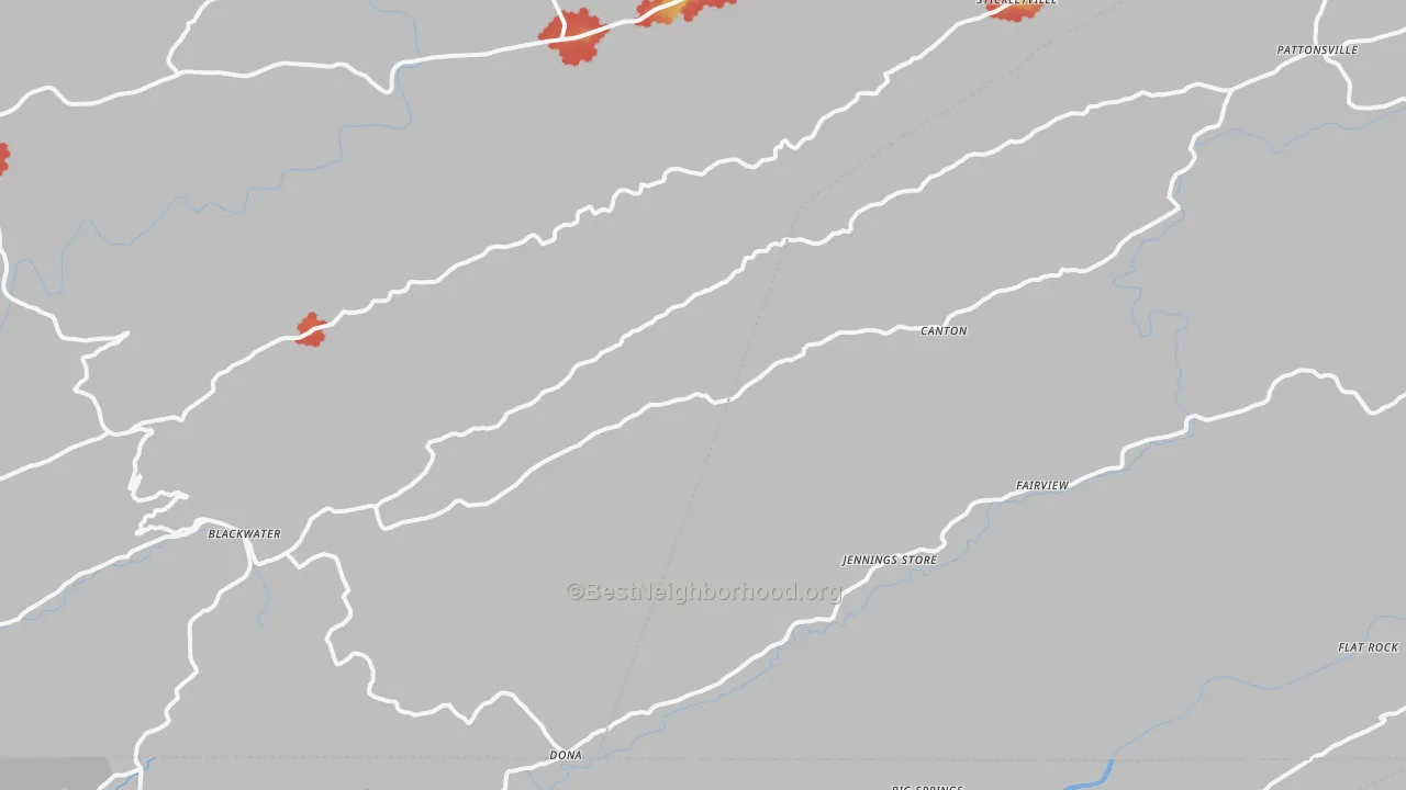 Walk Grade map of Blackwater, VA, walkable areas in green and car-dependent areas in red